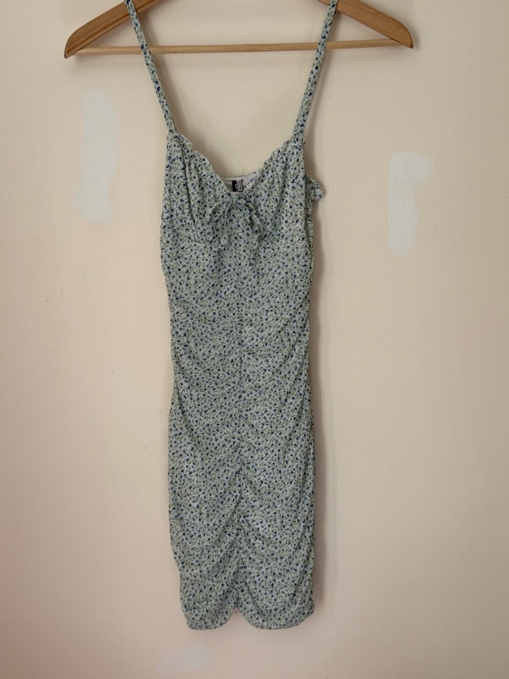 H&M Light Green Floral Midi Dress with Tie-Front